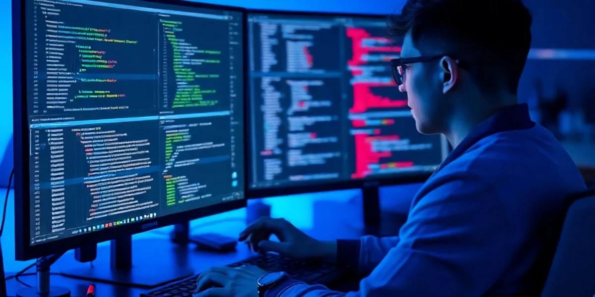 Person programming on two computer screens